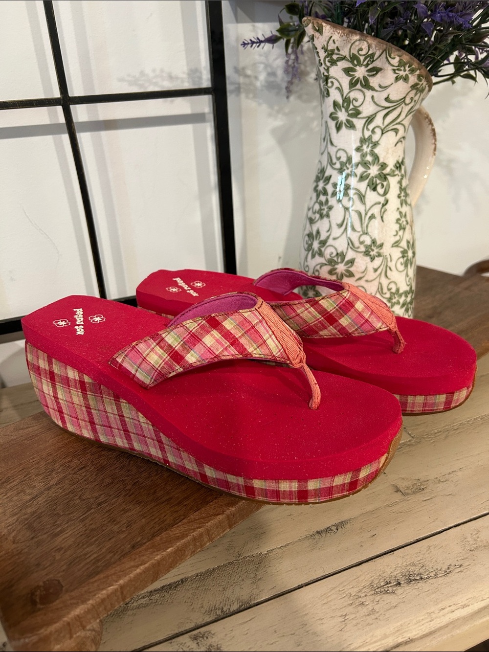 Not Rated Red Plaid Platform Wedge Flip Flops